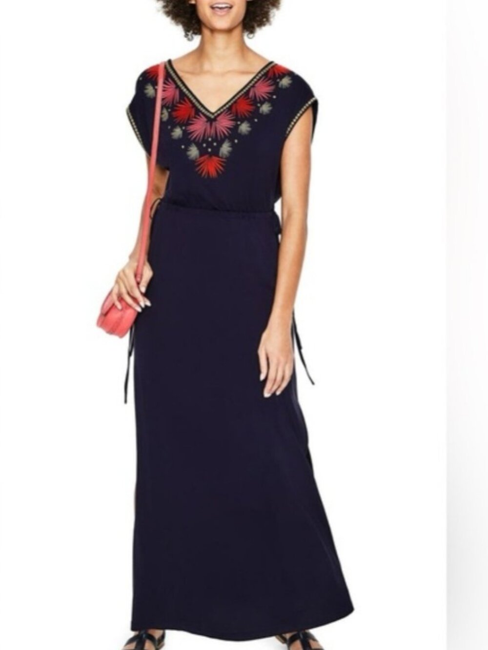 Boden Marcia Maxi Jersey Dress Navy with Red and Gold Accents